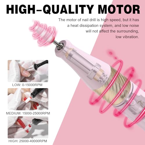 YOKE FELLOW Nail Drill Machine - 40000 RPM Electric Nail File Nail Drills for Acrylic Nails Professional with 12 Drill Bits Manicure Pedicure Polishing Nail Drill for Home Use - color: Pink