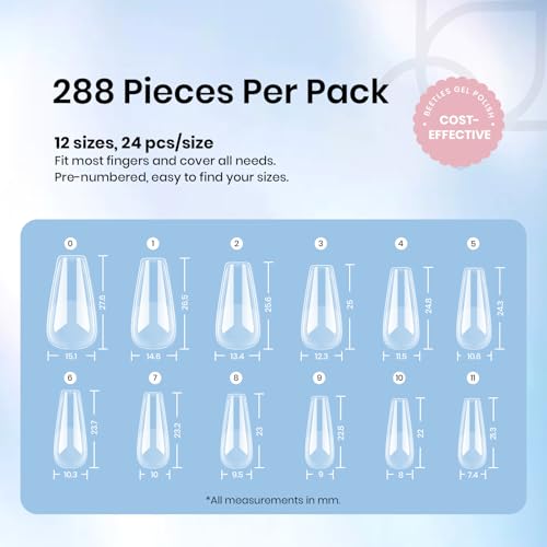 Beetles Etch-X Medium Coffin Gel Nail Tips, 288 Pcs, 12 Sizes