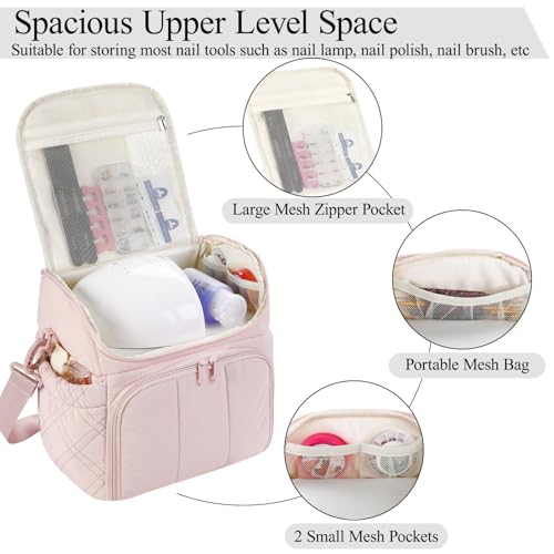 FCQQYWZ Nail Polish Organizer with 2 Detachable Cases Hold 60 Bottles & Nail Lamp, Portable Nail Organizers and Storage with Handle & Shoulder Strap, Travel Nail Bag for Manicure Tools - color: 60-Bottles-Pink