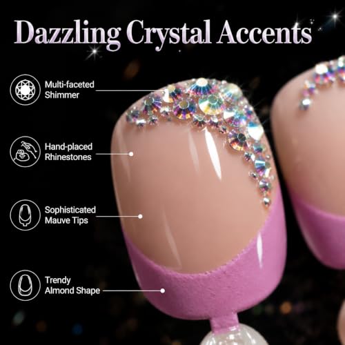48pcs Press on Nails with Toe Nails Set, Almond Pink French Tip Fake Nails & Short Square False Toenails with Glitter Rhinestones, Glossy Glue on Nails Manicure Pedicure Kit for Women Girls - color: Pink French
