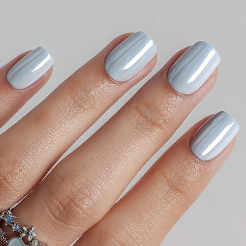 SHANGMENG Press on Nails, Square Short Blue Chrome Fake Nails, Soft Gel - color: Mercury Veil