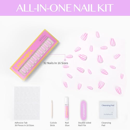 LAMIMOSA 32Pcs White Striped Pink Press On Nails Short Almond, CANDY - color: CANDY
