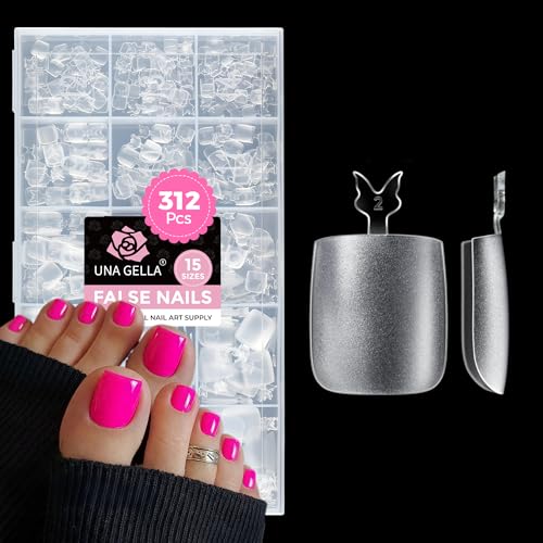 UNA GELLA Square Toe Nail Tips 312Pcs 15Sizes, Full Cover Soft Gel Toes Nail Tip Pre-etched Fake Acrylic Toe Nail Press Ons For Big Toes Nail Extensions Pedicure Home DIY Salon *Tips Only No Tools*
