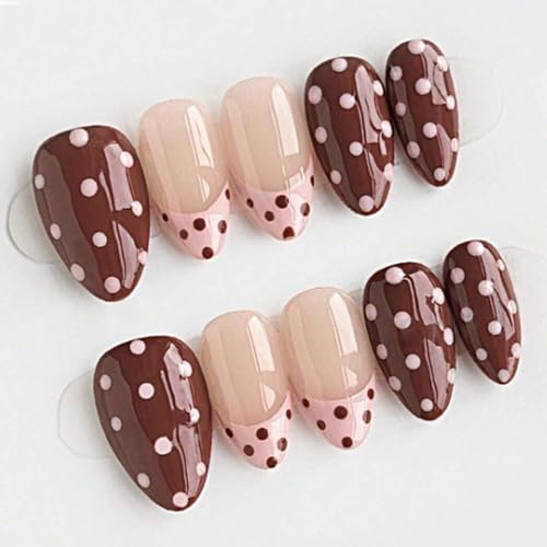 30Pcs Polka Dots Press on Nails Short Almond Fake Nails Pink French Tip - color: BD-Brown-14