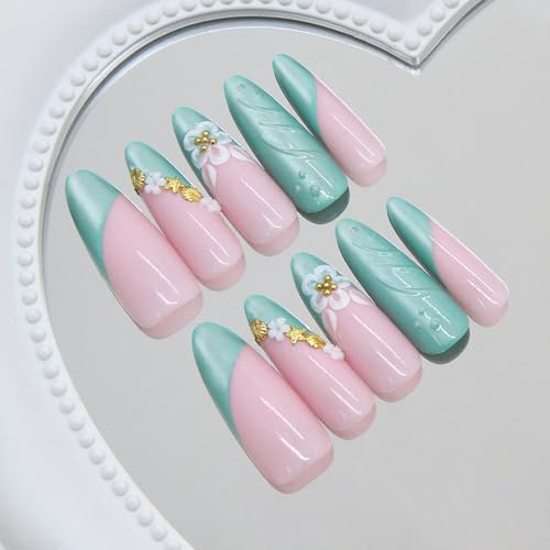 RUOKEXIN Long Stiletto Press on Nails French Tip Fake Nails Green Cat Eye False Nails with 3D Flower Shell Designs Almond Nail Press ons Sparkly Artificial Nails for Women 24Pcs - color: Almond Style 11-12