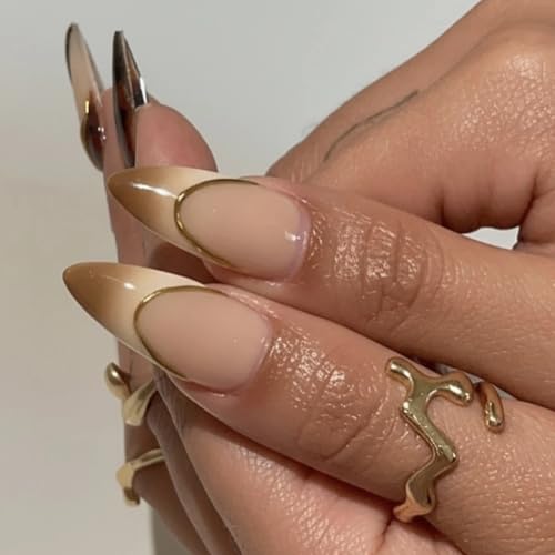 MISUD Press on Nails - Medium Almond Fake Nails with Fall Brown, Acrylic Tortoise Flower Design 24 pcs - color: 11218Brown