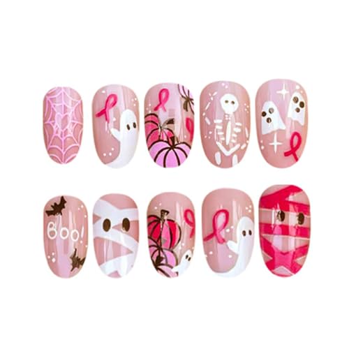 Halloween Press on Nails Pink Short Oval Fake Nails Almond False Nails - color: Style 3