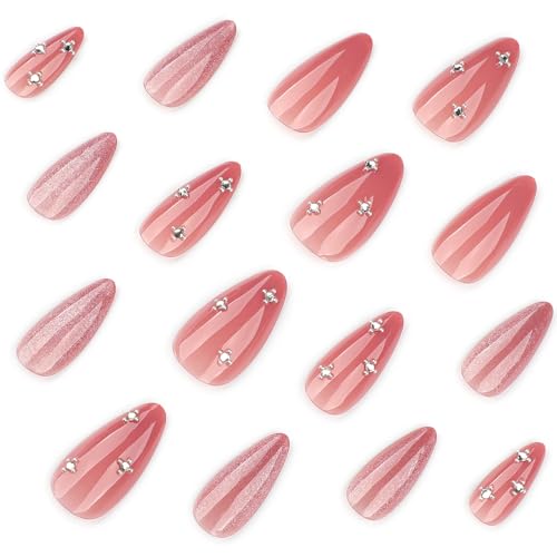 Pink Press On Nails Almond Medium Fake Nails Glitter With Rhinestone Design False Nails Press Ons Glossy Acrylic Nails Reusable Glue On Nails For Women Girls - color: Design-3