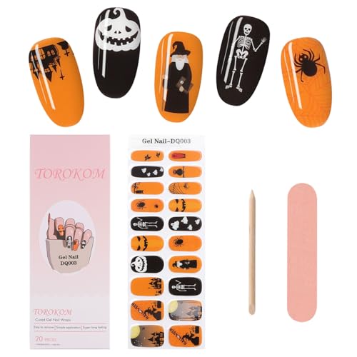 TOROKOM Halloween Cured Gel Nail Strips, Orange Pumpkin Gel Nail Polish Strips, Long Lasting Waterproof Full Nail Wraps, UV/LED Lamp Required - style: 03