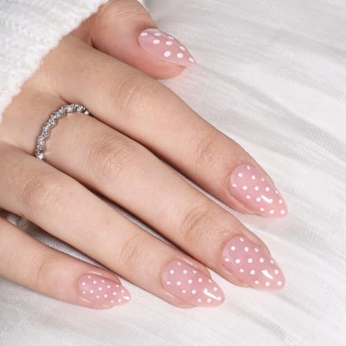 Polka Dot Press On Nails Almond - Pink Nails Short Fake Nails - color: 3B - Blush Dots