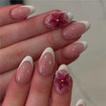 White French Tip Press on Nails Medium Almond - 3D Flowers - color: Style-02