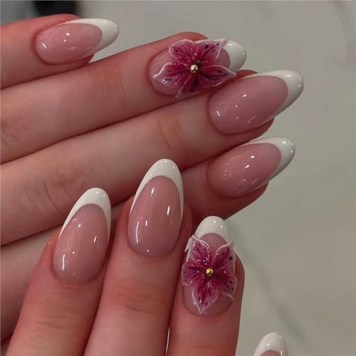 White French Tip Press on Nails Medium Almond - 3D Flowers - color: Style-02