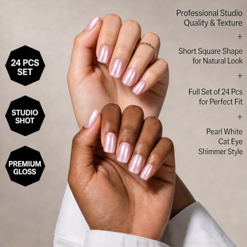 Pearl White Cat Eye Press On Nails, Short Square, 24 Pcs - color: Champagne