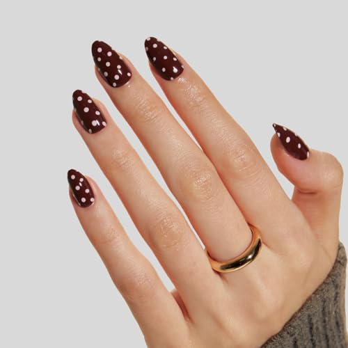 LAMIMOSA 32Pcs Brown–Red Polka Dot Press On Nails Short Almond. DOT DOT DOT - color: Dot Dot Dot