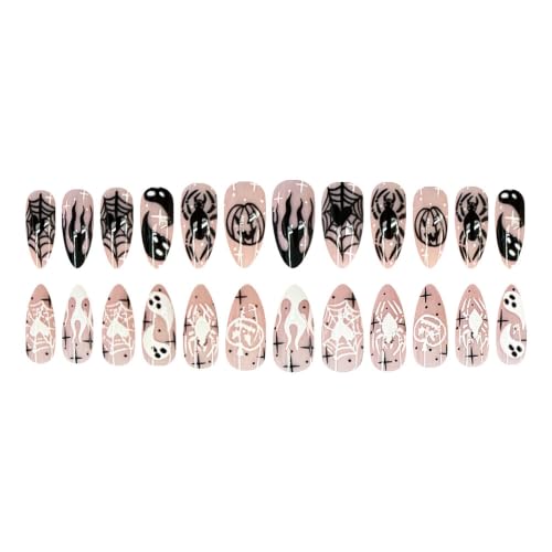 Halloween Press On Nails, Almond Spider Ghost Web Design, Black Nude - color: style 13