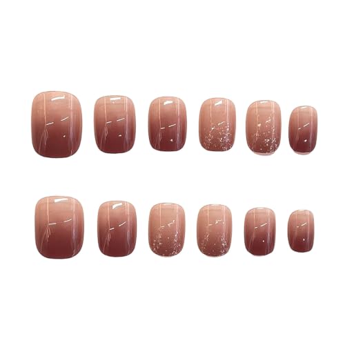 Fall Press on Nails Short Square Fake Nails Brown Ombre Glitter Designs - color: 23