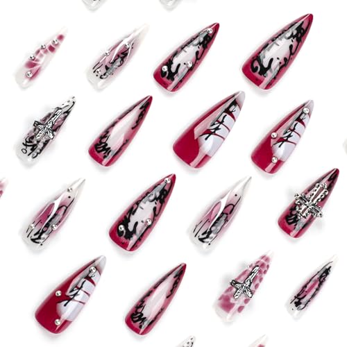 MISUD Press on Nails - Long Stiletto Glue on Nails with Goth Red Black, Acrylic Gothic Corss Design 24 pcs - color: 02301Black&Red