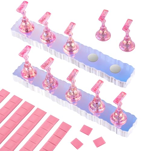 Nail Stand Acrylic Nail Art Display Stand Magnetic Nail Tips Practice Holder 54 Pcs Reusable Adhesive Putty for DIY Painting Nails Stand kit (Aurora Pink A) - color: Aurora Pink A