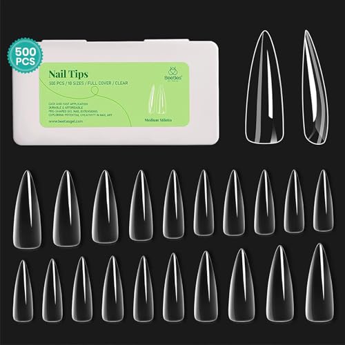 Beetles Gel Nail Tips Clear, Stiletto Medium, 500Pcs 10 Sizes Pre-Shaped - color: Medium Stiletto 500pcs (Clear)