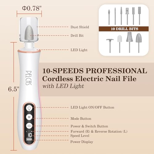 PELCAS Cordless Nail Drill, 10 Speeds Electric Nail File with LED Light - color: White