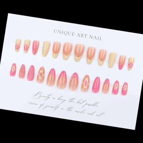 Medium Almond Press on Nails - Pink & Yellow French Tip - color: D-57