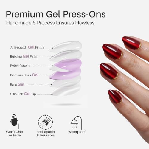 SHANGMENG Cherry Red Cat Eye Press on Nails Almond Short with 3D Gold Tail - color: Ruby Luxe