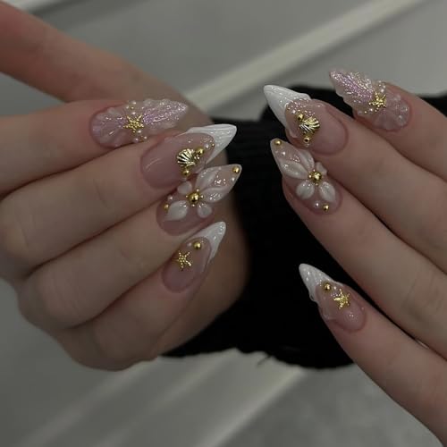 Summer Almond Press On Nails Medium Glitter Fake Nails With Gold Starfish Shell Pearls Design French Nail Press Ons Embossed Flower Acrylic Nails Spring Glossy False Nails For Women - color: Design-5