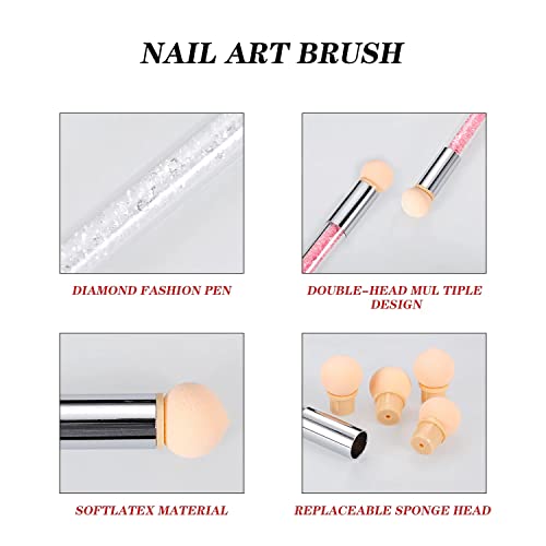 1pc Nail Sponges Pen, Ombre Nail Brushes, Double Head Nail Art Brush, Manicure Brush Nail Art Tools for Salon DIY with 16Pcs Replaceable Sponge Heads (Pink) - color: pink, white