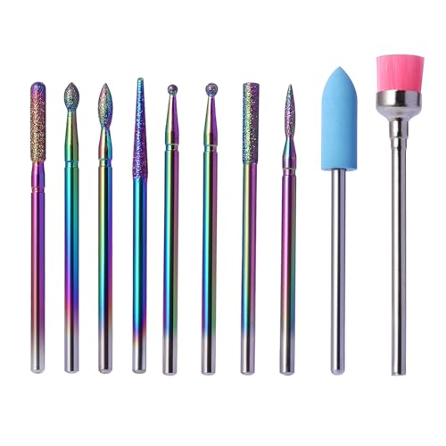 Rainbow Diamond Cuticle Bit Set for Nail Drill - 10Pcs 3/32" Nail Prep Bits with Flame Ball Needle Bit, Safety Silicone Buffer & Cleaning Brush for Beginner - color: Rainbow