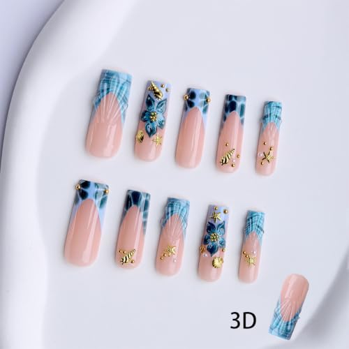 Long Square Press on Nails Blue Gradient Acrylic Fake Nail 24Pcs - color: 40