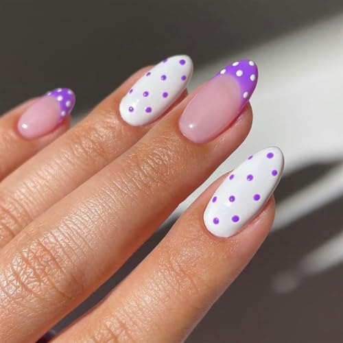 Medium Almond Press On Nails Purple French Tip Fake Nails Polka Dots Nails - color: BD-White Purple-8