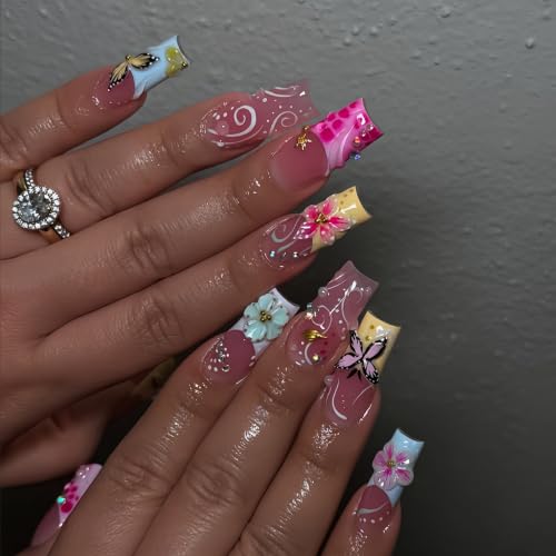 Press on Nails Long Coffin Floral Butterfly Fake Nail 24pcs - color: 43
