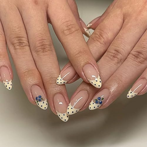 Medium Almond Press on Nails Yellow French Tip Fake Nail Polka Dots Acrylic - color: BD-Yellow Nude-12