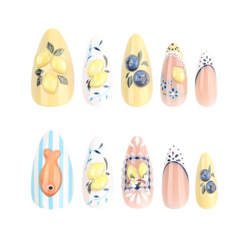 Medium Almond Press On Nails, 3D Lemon Blueberry Fake Nails, 24PCS - color: 099-Lemon Coast