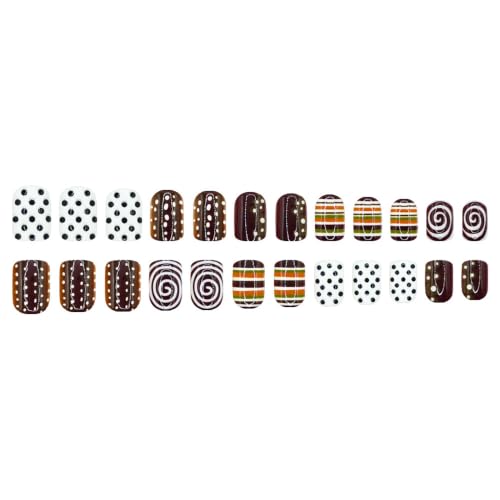 Polka Dot Press on Nails Square Short Stripe Swirl Design - color: Brown Black White Green Orange
