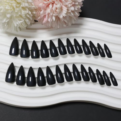 Black Press on Nails Almond Medium Glossy Fake Nails for Women - color: 09-Black
