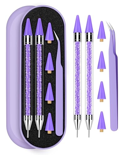 Difenni Rhinestone Picker Tool, Wax Pencil for Rhinestones Tool, Dual-Ended DIY Nail Bedazzling Tools with 4 Extra Purple Replaceable Wax Head and 1 Tweezer(Purple) - color: Purple B
