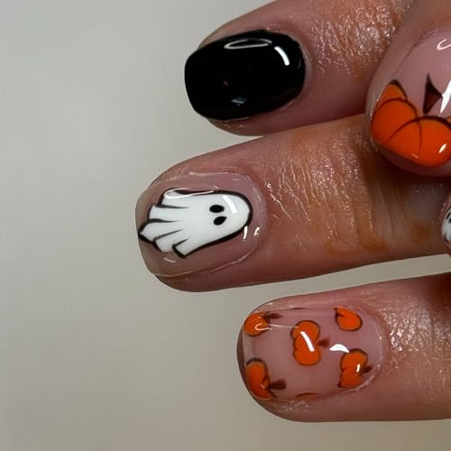 Halloween Press on Nails Cute Little Ghost Stick on Nails Glossy Fake Nail with Orange Pumpkins Designs Full Cover Acrylic Short Square False Nails for Women DIY Halloween Manicuare 24 Pcs - color: Halloween Ghost