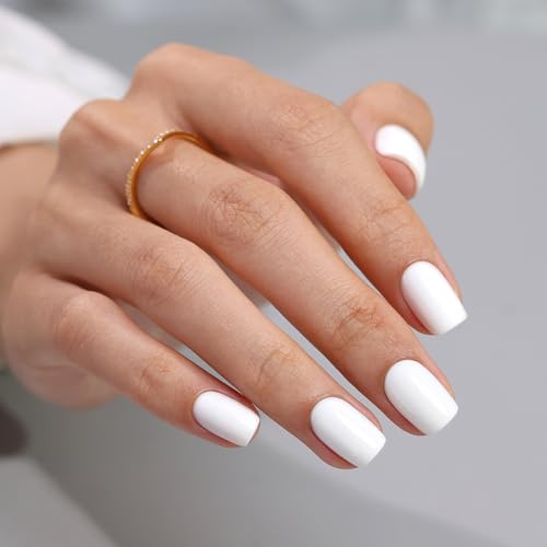SHANGMENG Halloween Press on Nails, Square Short White Fake Nails, Soft Gel - color: Classic White