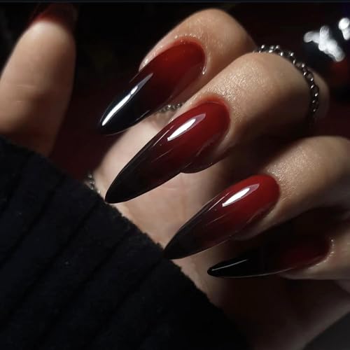 MISUD Press on Nails - Long Stiletto Glue on Nails with Gothic Red Black, Acrylic Goth Vampire Design 24 pcs - color: 02303-01Red Black