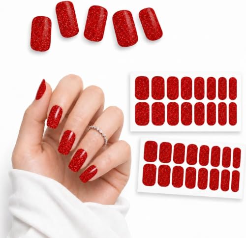 Red Glitter Nail Stickers, 32 Nail Wraps, No UV Lamp, Zero Dry Time - color: Red Glitter