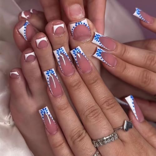 CTTHNBD Medium Press on Nails Square & Press on Toenails Set, White French Tip with Blue Spot Design - for Women 48 Pcs - color: Blue Pink