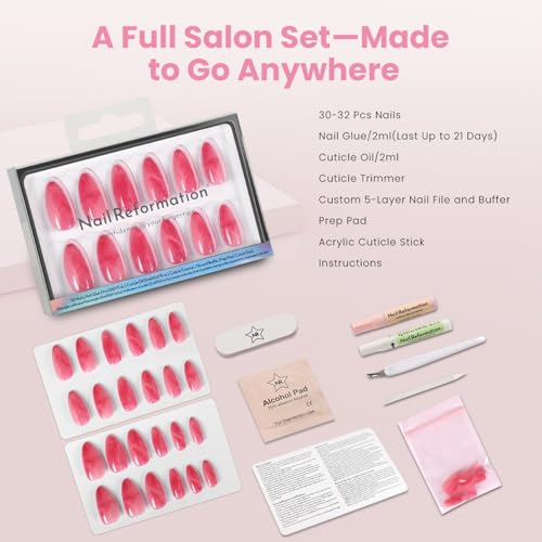 Nail Reformation Press On Nails, Pink Lava Medium Almond 15 Sizes 30 Pcs - color: Pink Lava