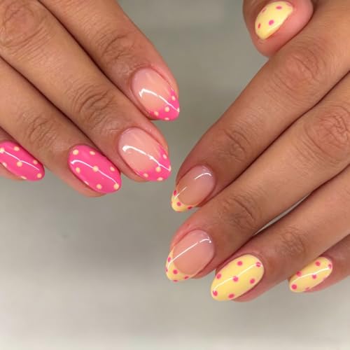 Polka Dot Short Almond Press On Nails Pink Yellow French Tip Fake Acrylic - color: BD-Pink Yellow-1