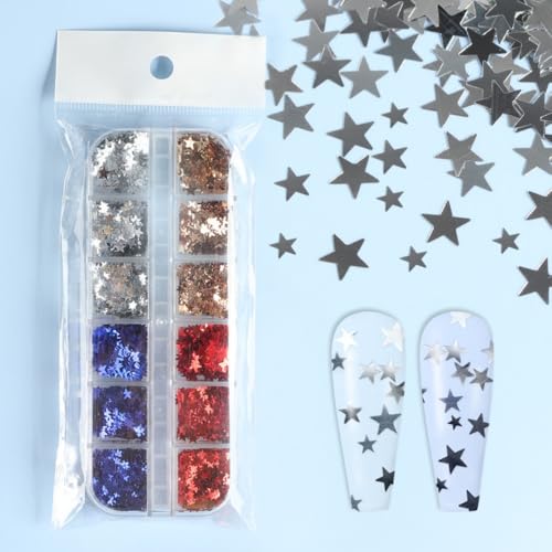 1 Box 4 Color Holographic Star Nail Glitter Gold Silver Nail Sequins 3D Red Blue Nail Flakes Sparkly Glitter Flakes Shiny Nail Glitter Independence Day Nail Sequins Glitter for Nails Art 12 Grids - color: YHN11