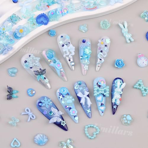 2000Pcs Junk 3D Nail Charms Bulk Y2k Cute Nail Gems for Nails Design Kit - color: Blue