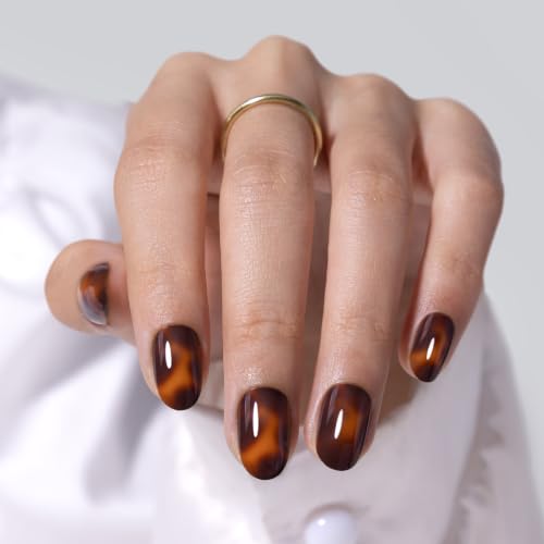 SHANGMENG Press on Nails, Oval Short Tortoise Shell Fake Nails, Soft Gel - color: Amber Memory