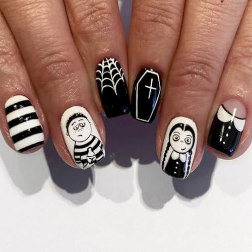 Halloween Horror Press on Nails - Glossy Black White Stripe Spider Web Art Designs - Square Short False Reusable Artificial Full Cover Glue on Nails for Women - 24 Pcs - color: Style 17