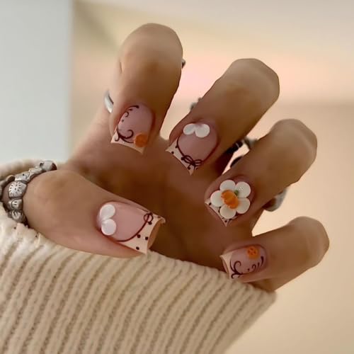 French Tip Press on Nails Short Square Flower Design - color: Pink White-24