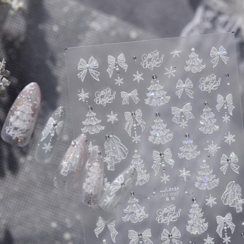 1 Sheet Christmas Nail Stickers 5D Embossed Winter Nail Decals White Snowflake Lace Xmas Tree Bow Nail Art Sticker with Rhinestones Design Christmas Nail Supplies for Women Manicure - color: Christmas02